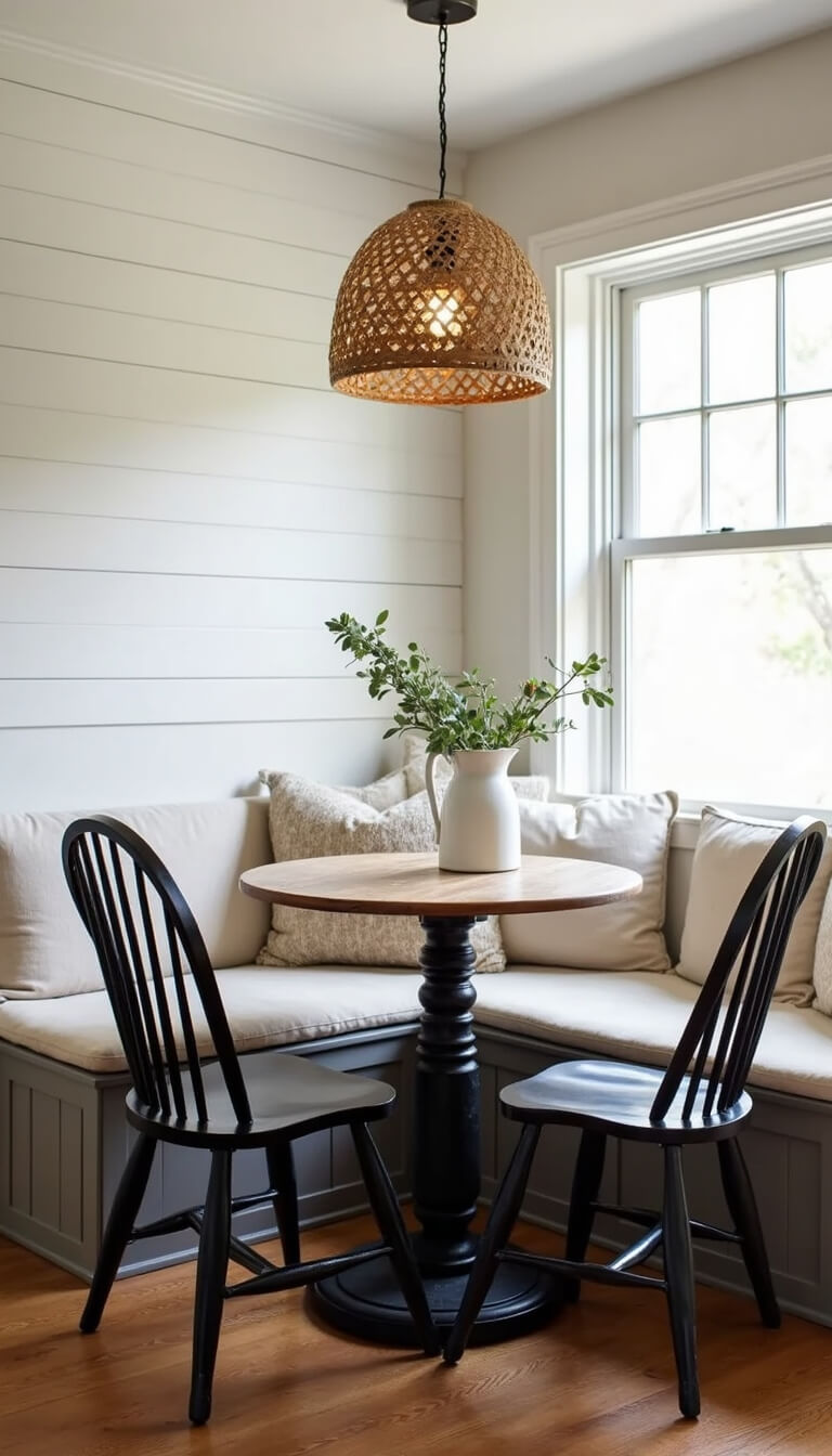 Cozy kitchen corner nook with cream-cushioned banquette, rustic wood table, black Windsor chairs, and shiplap wall, lit by woven pendant light and natural window light.
