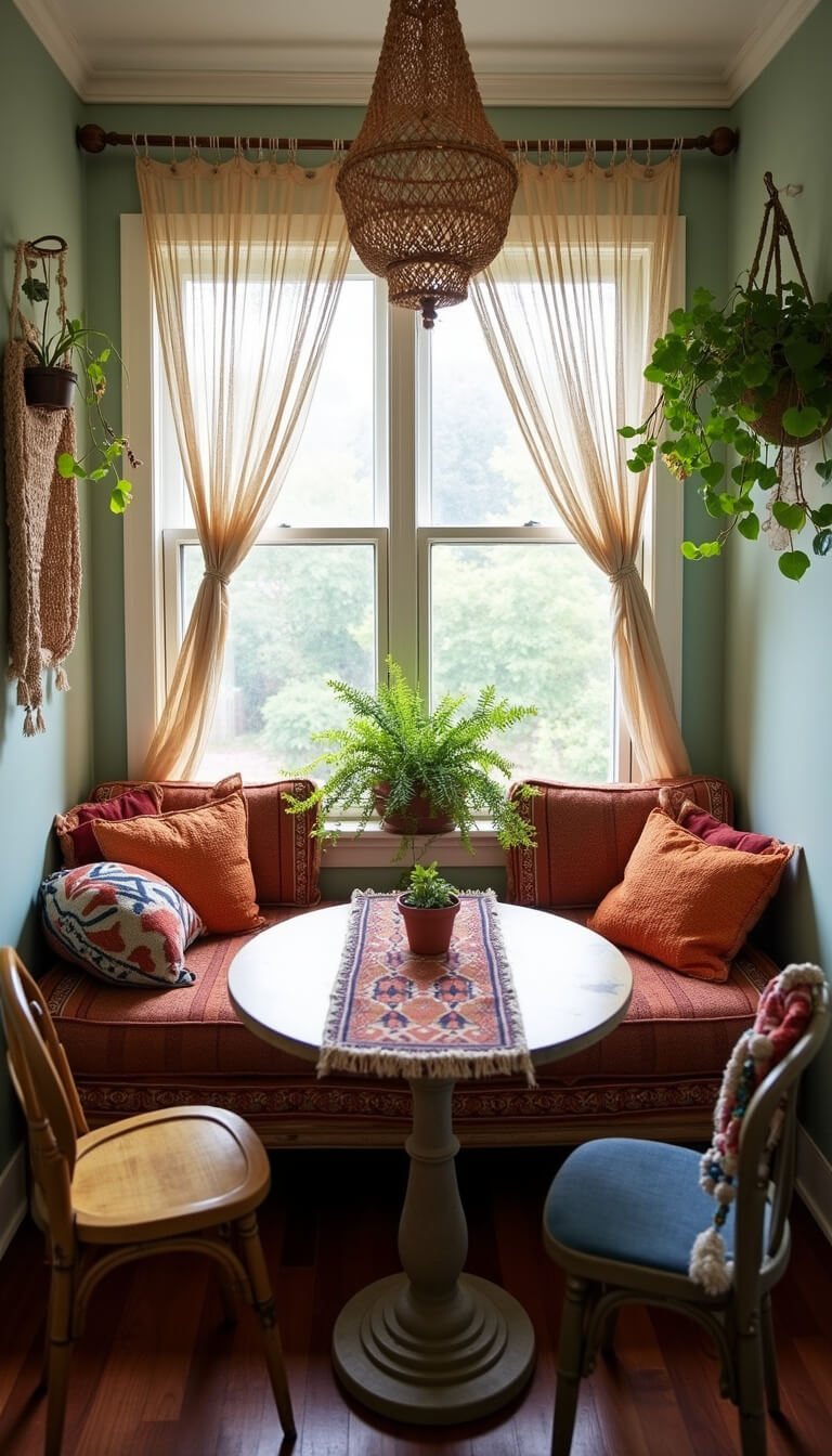 Boho alcove nook with vintage table, earth-toned chairs, Moroccan pillows, tribal runner, and hanging plants in filtered afternoon light.