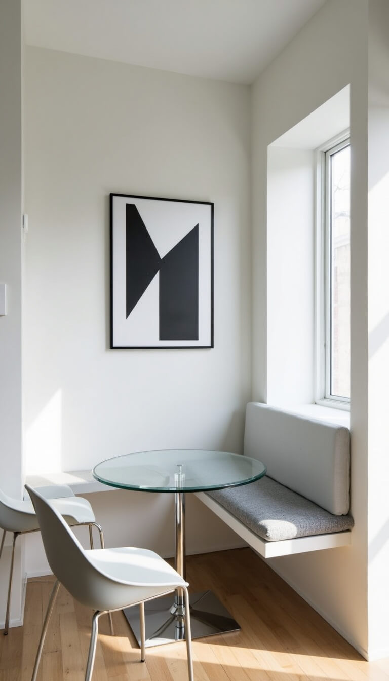 High-angle view of minimalist 7x7ft nook with white bench, glass table, grey chairs, and abstract black-and-white art in crisp morning light.