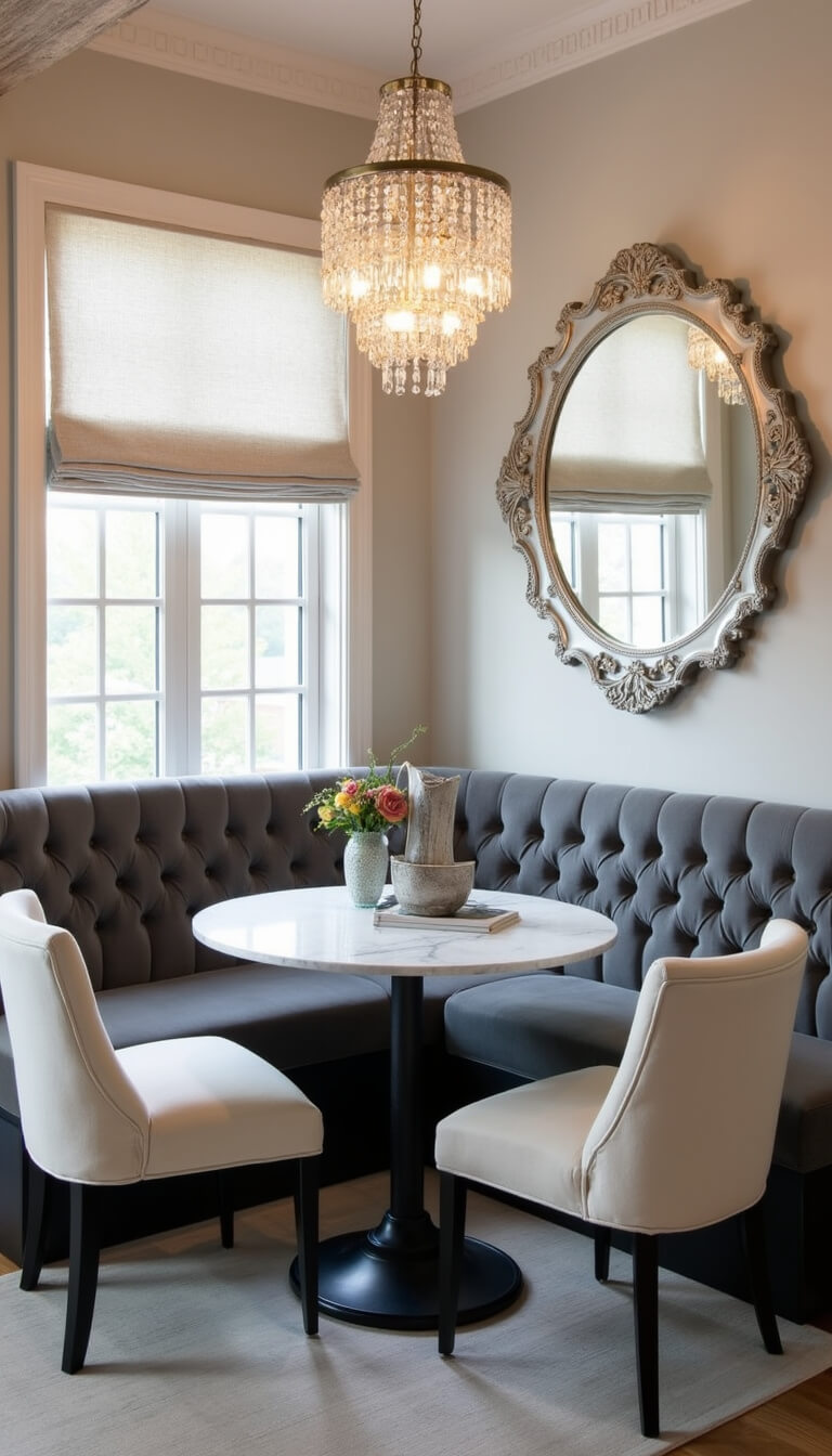 Elegant nook with gray velvet banquette, marble oval table, cream chairs, and crystal chandelier in soft evening light.