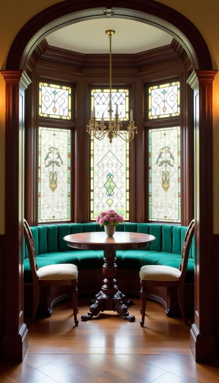 Victorian bay window nook with emerald velvet window seat, mahogany table, antique chairs, leaded glass windows, and brass sconces beside botanical prints.