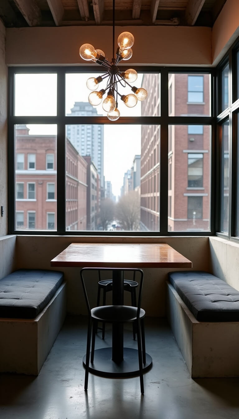 Industrial modern nook with concrete bench, reclaimed wood table, matte black factory chairs, and Edison bulb pendants lit by afternoon city light through steel-framed windows.