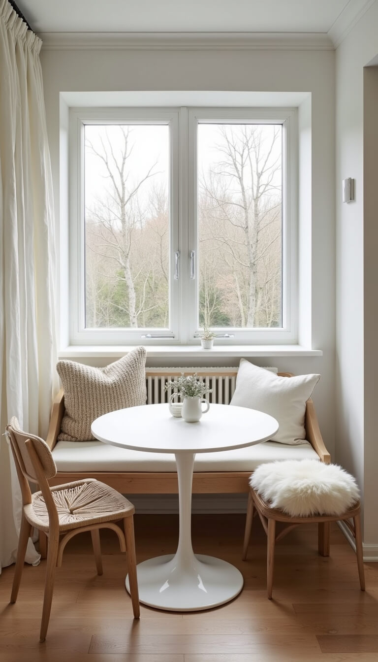High-angle view of a bright Scandinavian nook with pale pine bench, white cushions, round white table, light wooden chairs, and sheepskin throws.