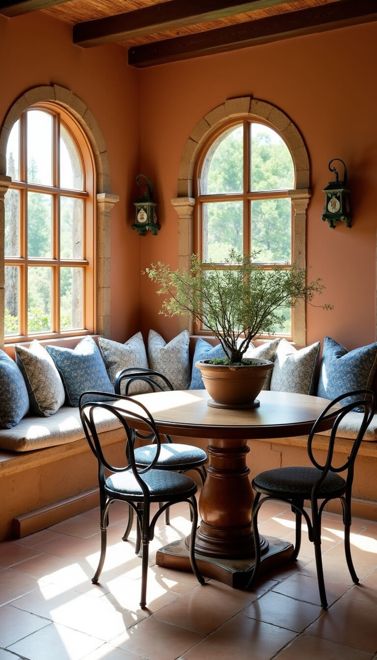 Mediterranean-style corner with stone bench, blue and white cushions, wooden table, iron chairs, olive trees, and warm terracotta light.