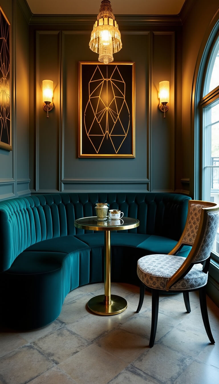 Art Deco corner nook with teal velvet banquette, glass-brass table, geometric mirror-backed chairs, gold sconces, and black and gold artwork panels in evening light.