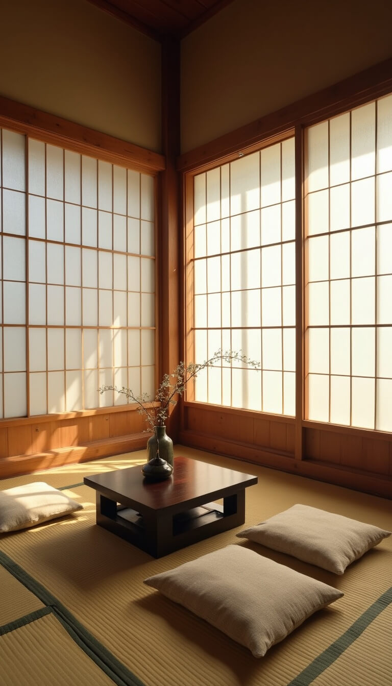 Minimalist Japanese Zen corner with low wooden platform seating, dark wood chabudai table, natural fiber cushions, and a single ikebana arrangement in soft morning light through paper screens.
