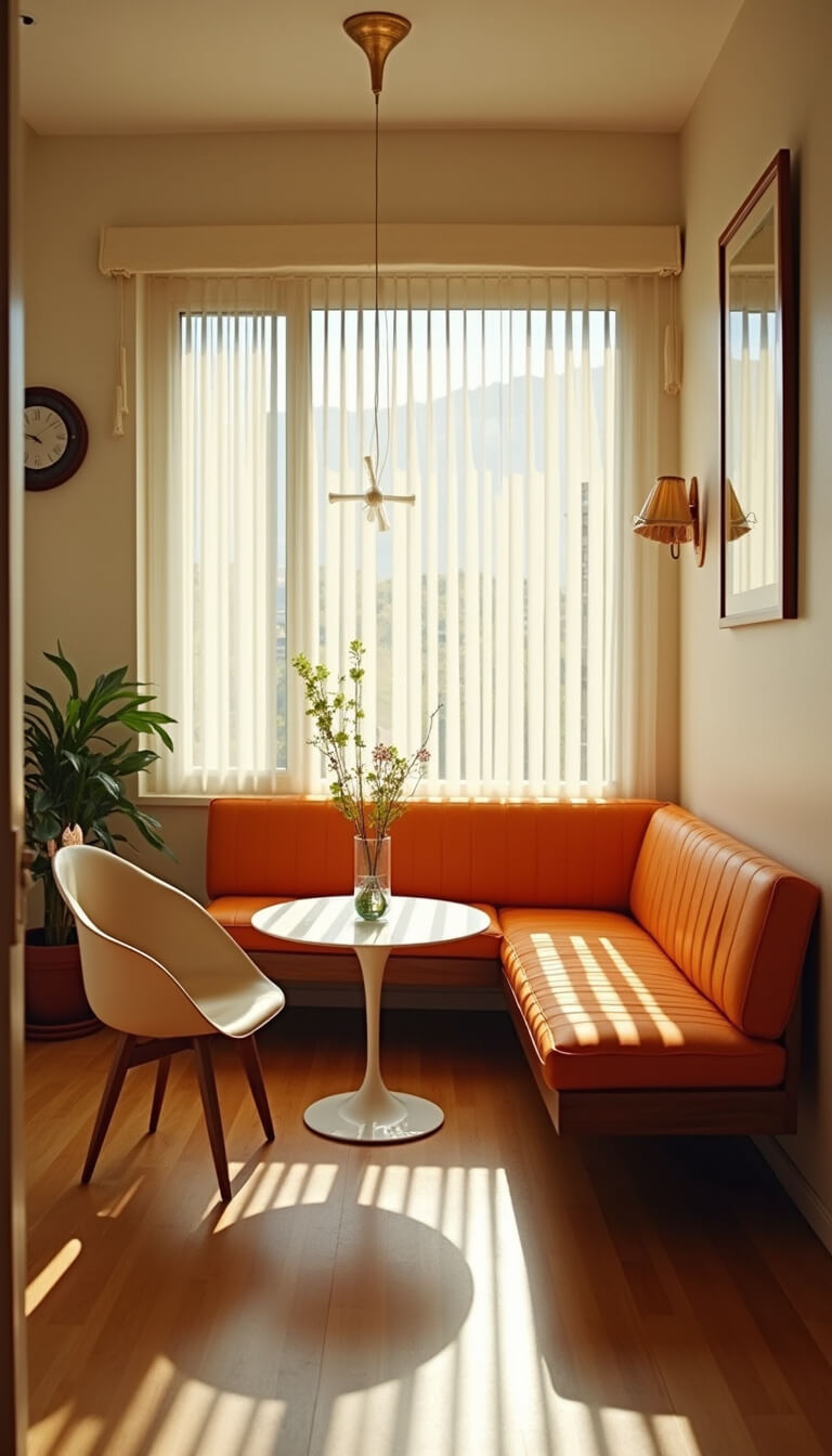 Mid-century modern alcove with walnut bench, orange cushions, white tulip table, tan molded chairs, and starburst clock under soft afternoon light.