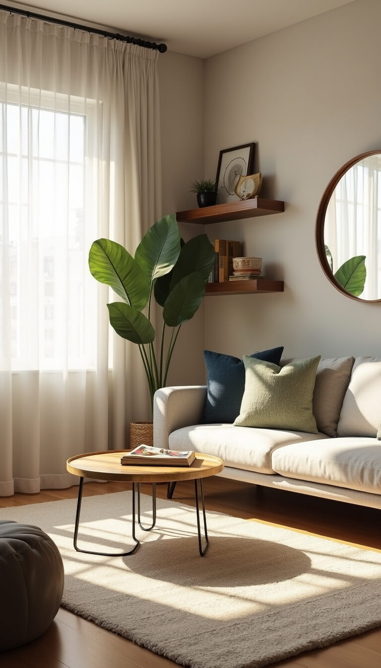 Bright greige living room at golden hour with light gray sectional, brass coffee table on cream wool rug, sheer curtains, floating walnut shelves, and layered sage and navy pillows.