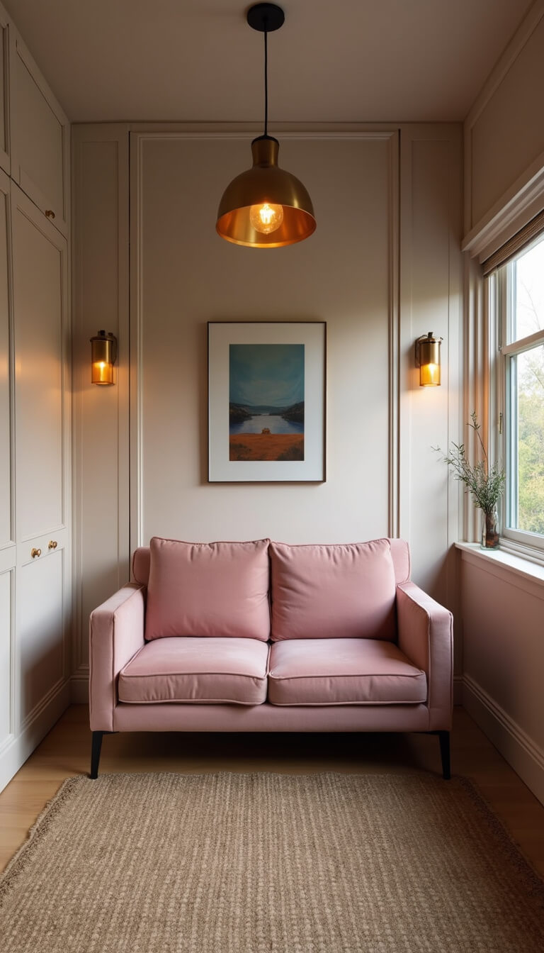Cozy 10x12ft studio with blush pink velvet loveseat, brass pendant light, floating cabinets, jute rug, and ambient sconces in moody dusk lighting.