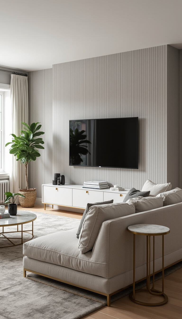 Corner view of a modern 11x13ft living room with L-shaped oatmeal sofa, smart TV above sleek console, gray striped wallpaper, marble and gold nesting tables, and potted fiddle leaf fig in natural mid-morning light.