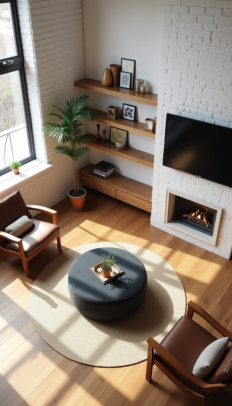Bird’s eye view of a compact 9x11ft living space with white brick walls, charcoal velvet ottoman, leather sling chairs on a round sisal rug, floating wood shelves, floor-to-ceiling mirrors, and bright natural lighting.
