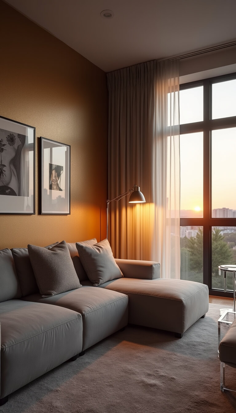 Wide-angle view of a cozy 13x15ft living room at sunset with dove gray modular sofa, metallic wallpaper, lucite side tables, and black-and-white photo gallery wall.