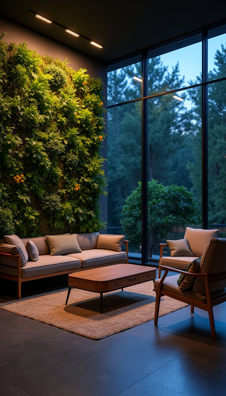 Close-up of a cozy 10x14ft room at blue hour featuring a multifunctional coffee table with hidden storage, surrounded by low-profile armchairs, a vertical garden wall, and ambient LED strip lighting.