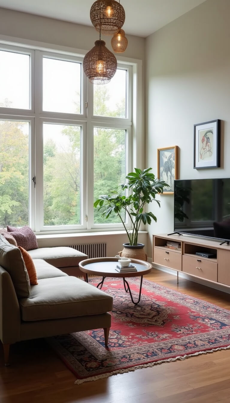 Bright 11x12ft room with floor-to-ceiling windows, velvet sectional, floating media console, woven pendant lights, and vintage Persian rug.