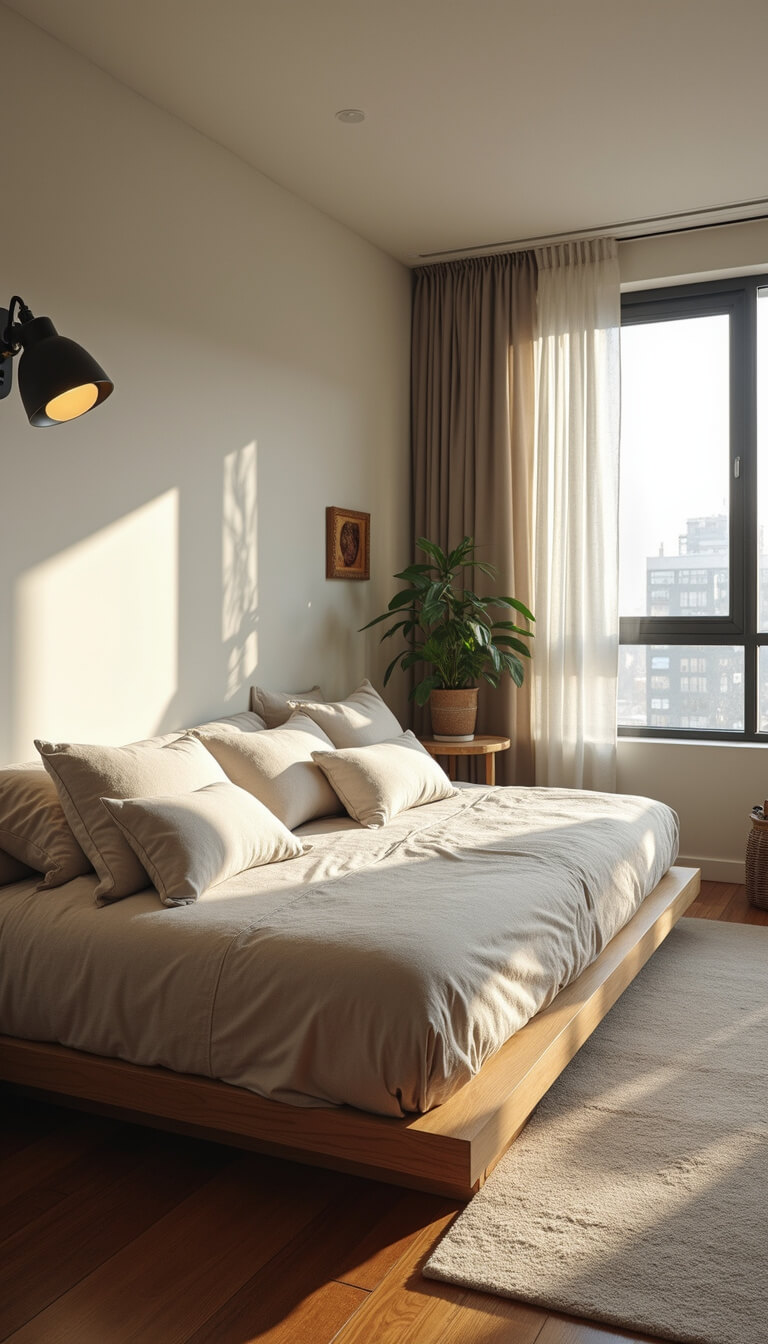 Modern 12x13ft room with a sleek daybed in layered linens, geometric room divider, and wall-mounted lighting in soft morning light.