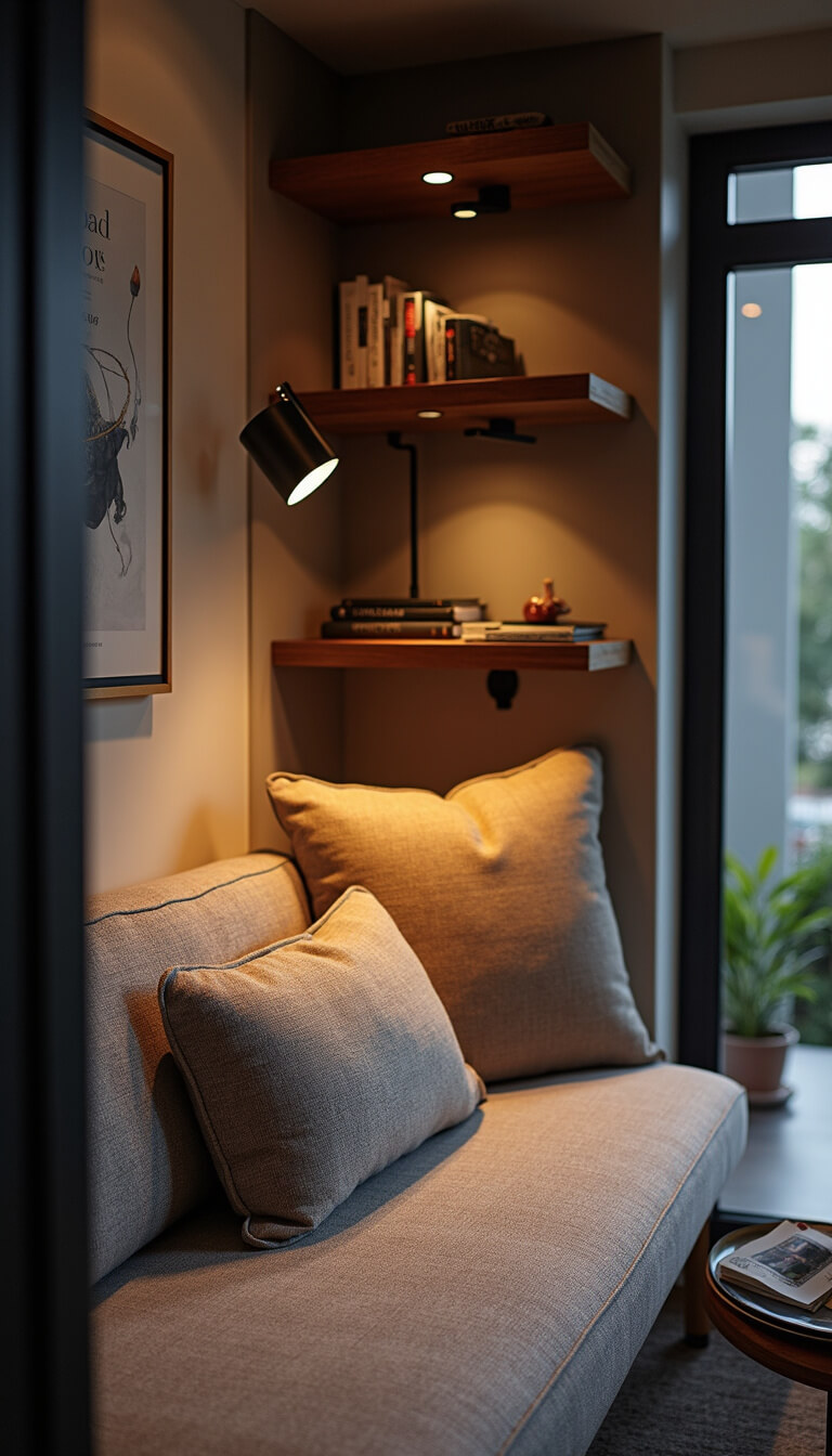 Close-up of custom built-in corner seating upholstered in performance tweed, with swing-arm sconces and floating shelves, softly lit at twilight.