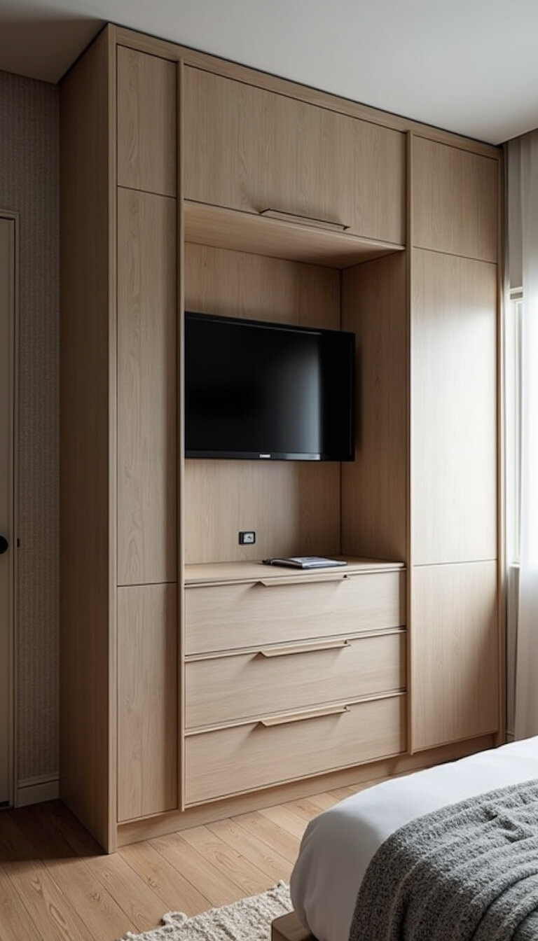 Straight-on view of a modern 10x11ft room with concealed Murphy bed in custom millwork, swiveling wall-mounted TV, and textured metallic grasscloth wallpaper, brightly lit by natural daylight.