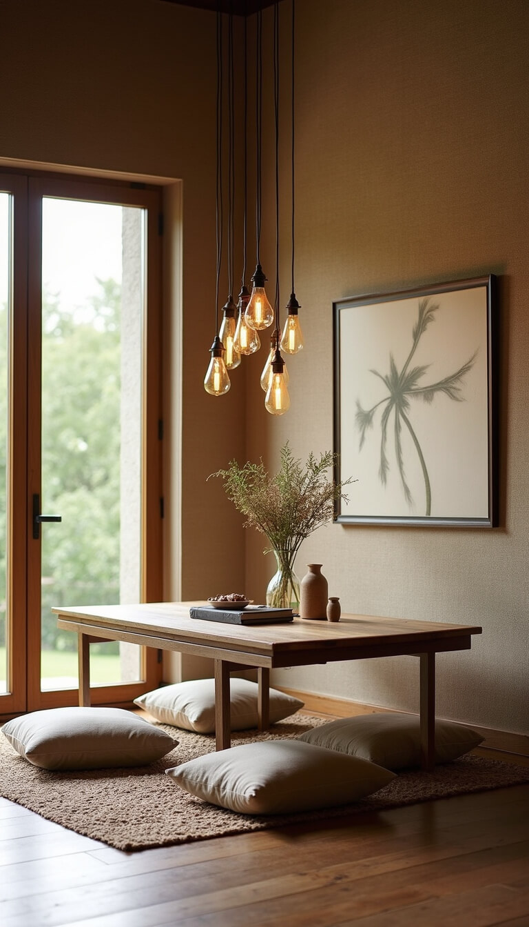 Low-angle view of cozy 8x10ft room with convertible table, floor cushions, pendant lights, and textured sisal walls in afternoon light.
