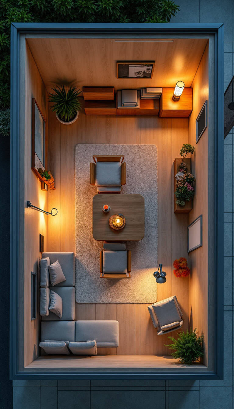 Overhead view of a modular 11x14ft room at dawn with sliding panels, flexible furniture, LED-lit millwork, and abstract rug defining zones.