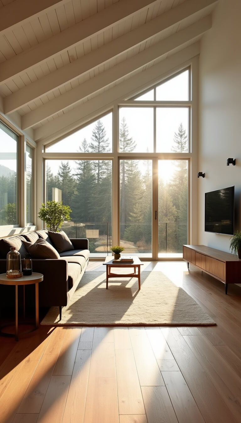 Modern sunlit cabin living room with vaulted ceiling, floor-to-ceiling windows, charcoal sectional, walnut media console, and cream rug over oak floors at golden hour.