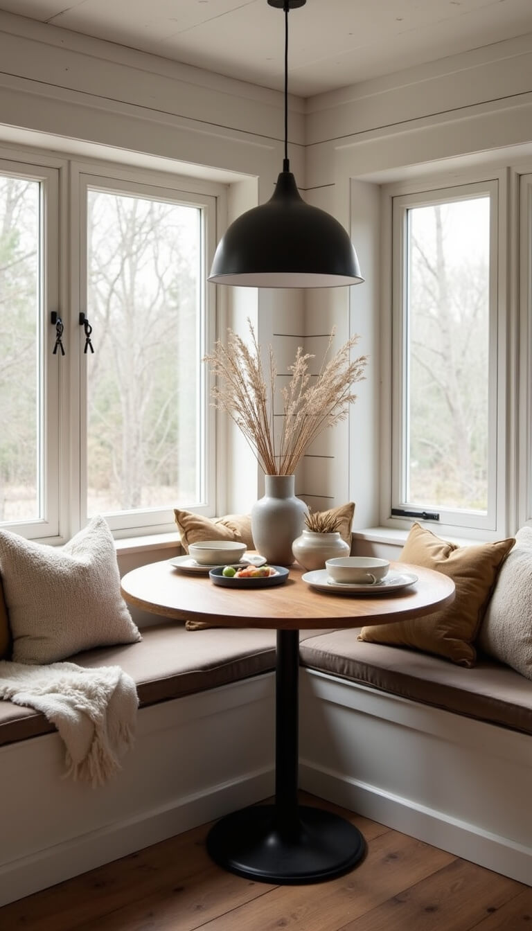 Cozy cabin kitchen nook with oak table, built-in bench seating, and morning light streaming through window.