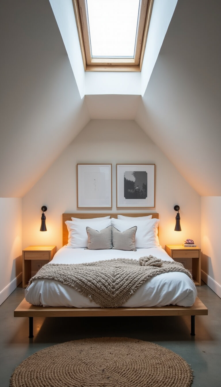 Cozy bedroom alcove with platform bed, white linens, and knit throws, under pitched ceiling with skylight, bathed in diffused dusk light.