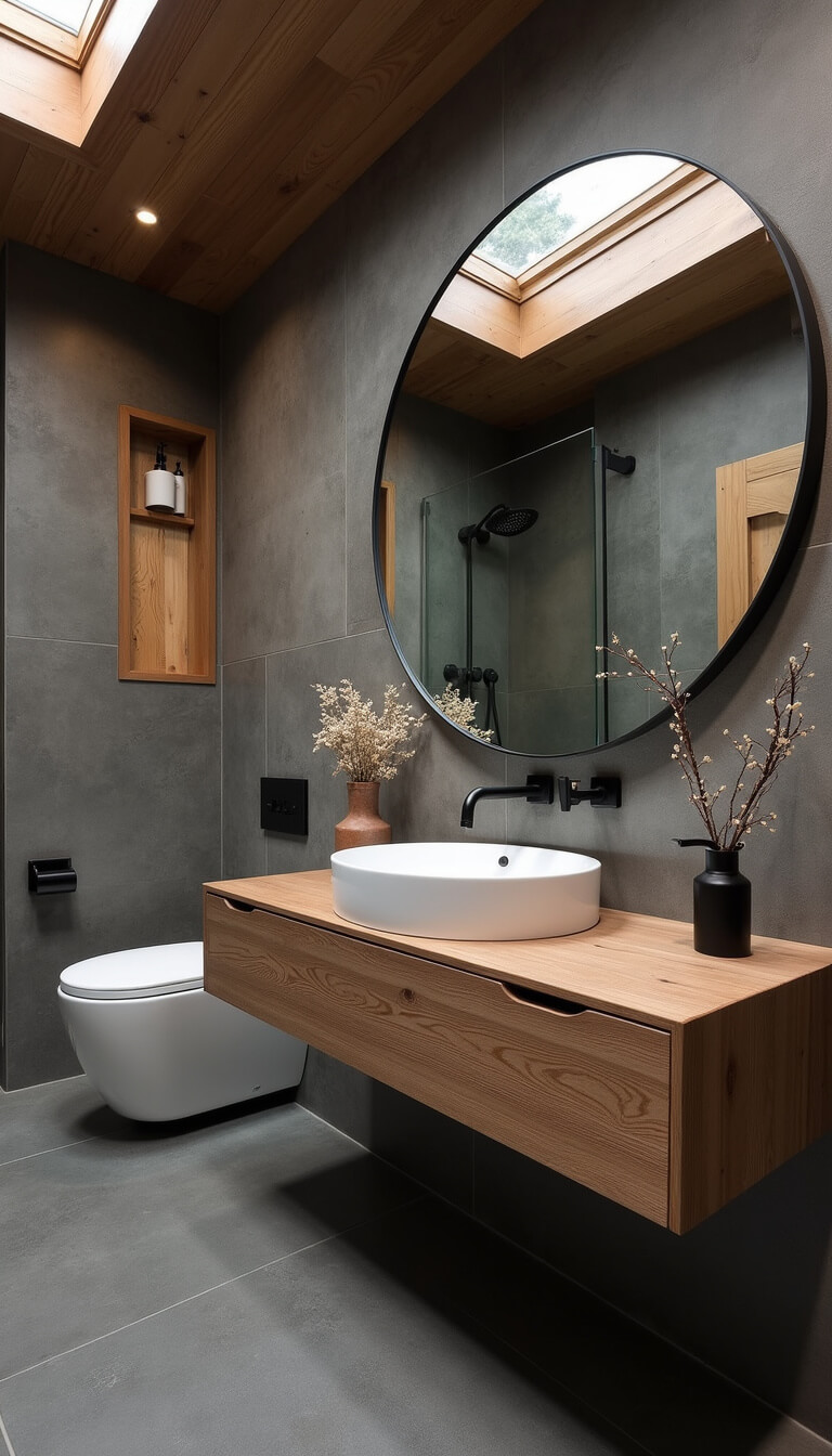 Modern cabin bathroom with slate tile walls, floating walnut vanity, round mirror, matte black fixtures, and eucalyptus bundle, viewed from doorway.