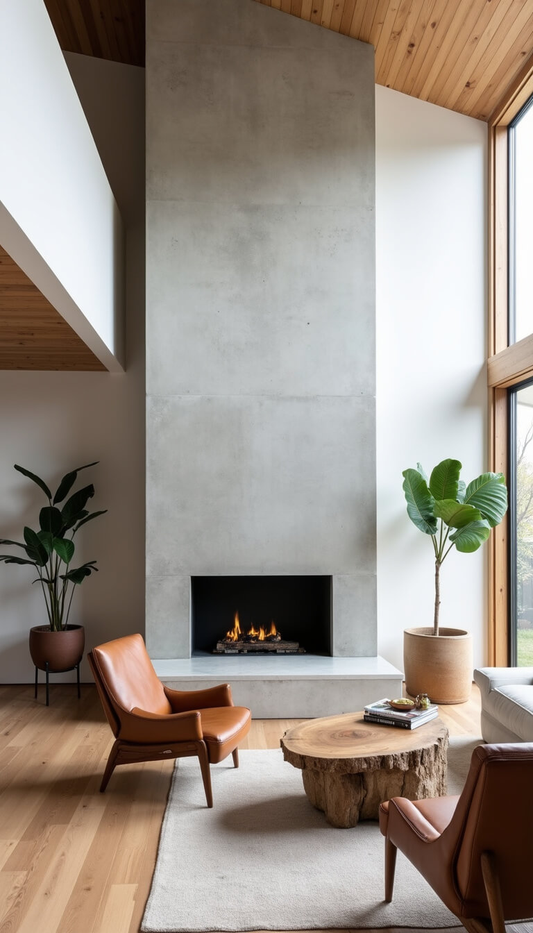 Open-concept living area with double-height windows, minimalist concrete fireplace, low leather armchairs, raw edge coffee table, and fiddle leaf fig, viewed from above.