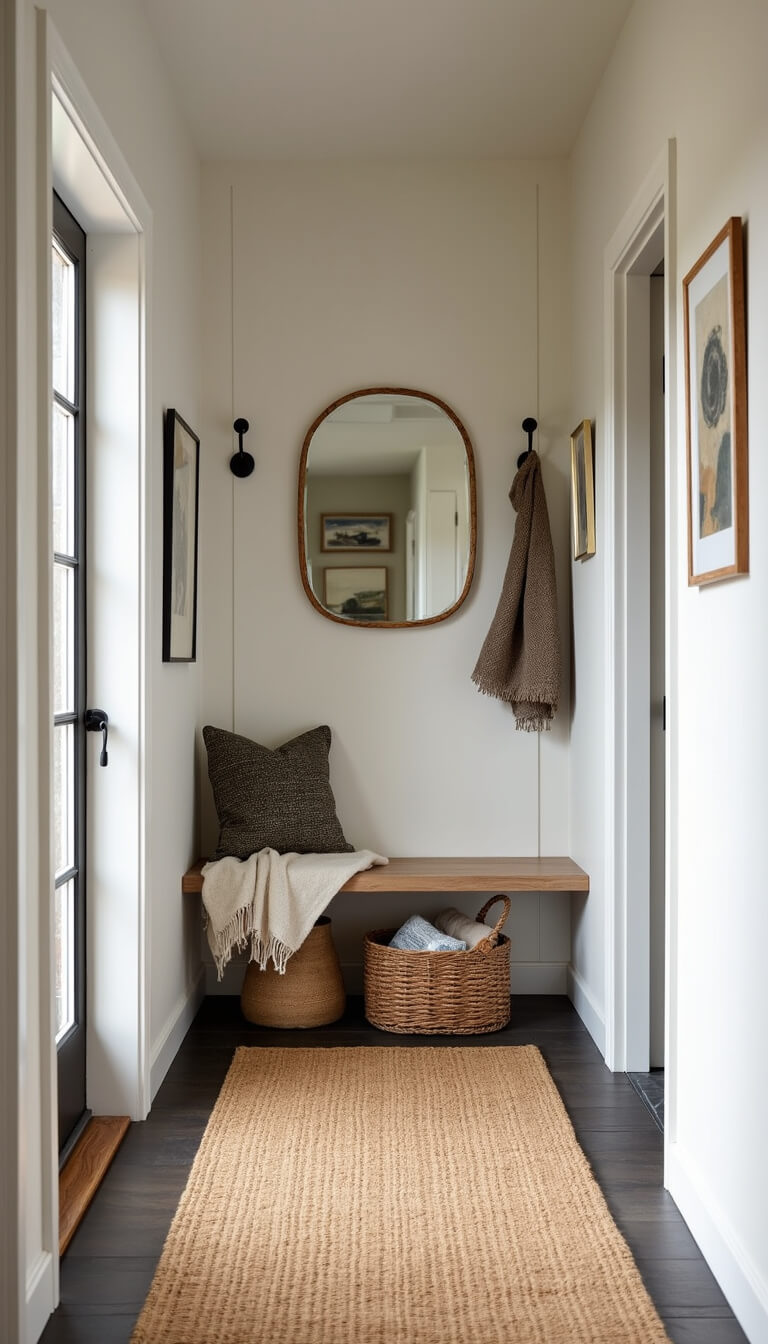 Welcoming cabin entryway with built-in bench, black hooks, vintage mirror, abstract art, and woven basket on natural fiber runner in morning light.