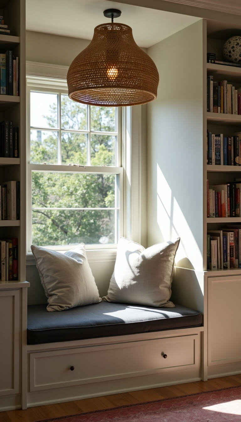 Cozy reading nook with charcoal linen window seat, floating shelves of books and decor, handwoven pendant casting shadows, bathed in afternoon light.