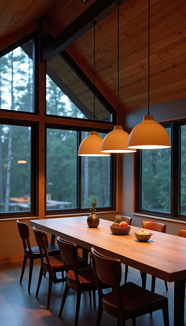 Modern cabin dining room at twilight with steel and wood table, vintage-modern chairs, ceramic pendant lights, and forest view through large industrial windows.