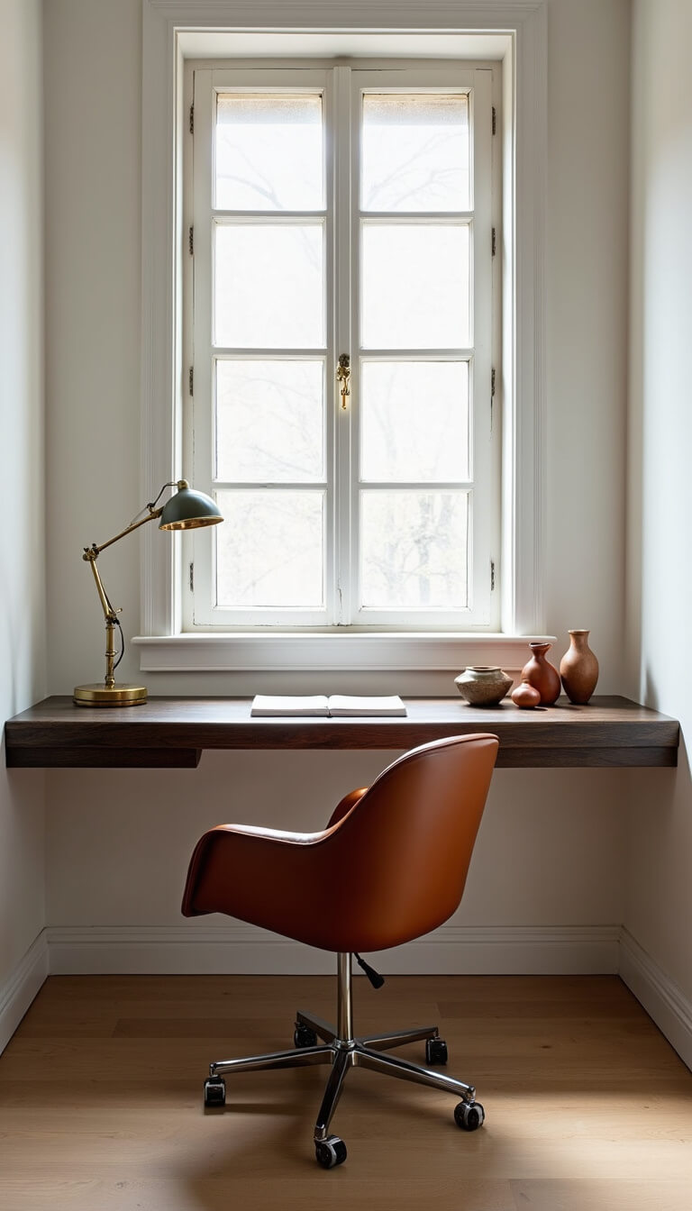 Minimalist workspace with blackened oak floating desk, cognac leather Eames-style chair, brass task lamp, and pottery, set by a window with natural light.