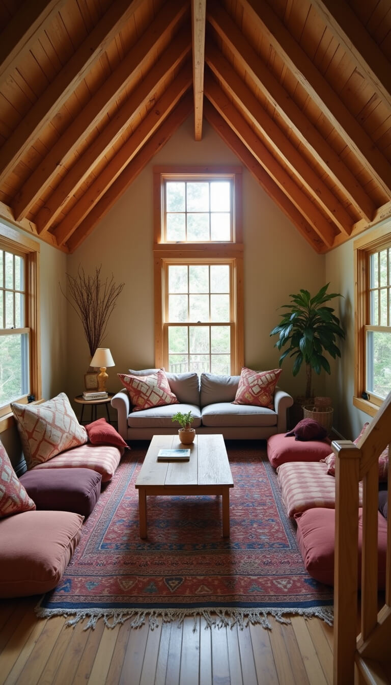 Cozy cabin loft at sunrise with exposed beams, floor cushions, low table, and vintage kilim rug; sunlight streaming through dormer windows.