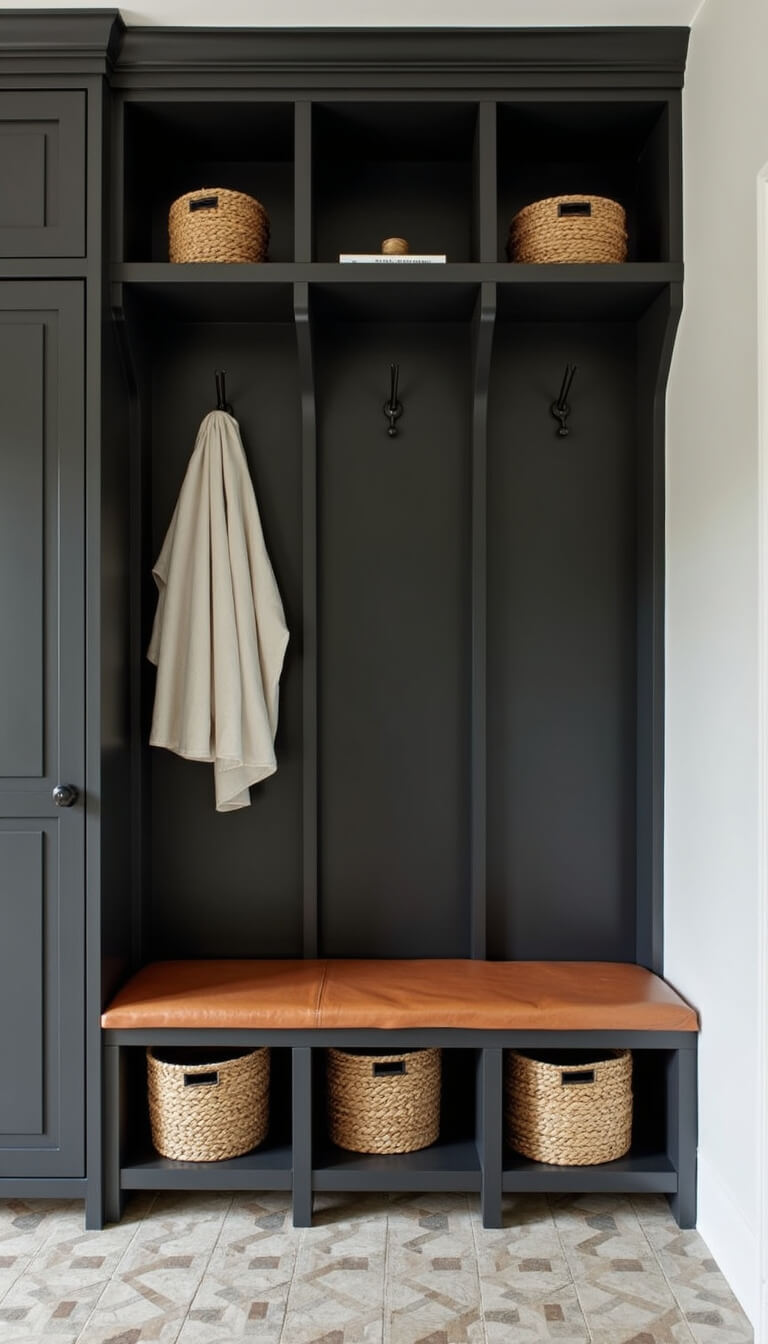 Modern mudroom with matte black built-in storage, concrete floors featuring geometric tiles, iron hooks, leather-cushioned bench, and natural fiber storage baskets arranged symmetrically.