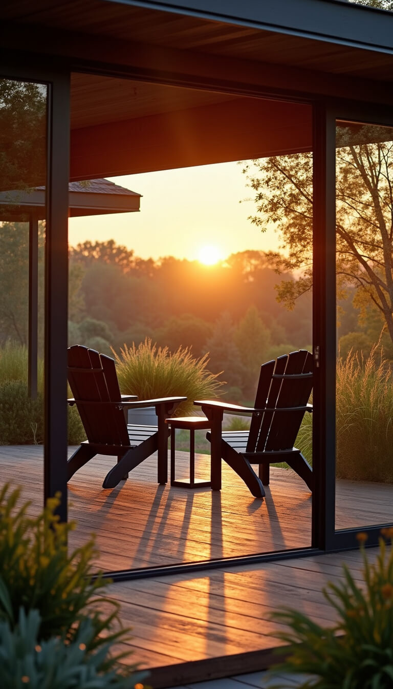 Sliding glass doors open to a deck with modern charcoal Adirondack chairs and potted grasses at sunset, seamlessly connecting indoor and outdoor living spaces in golden hour light.