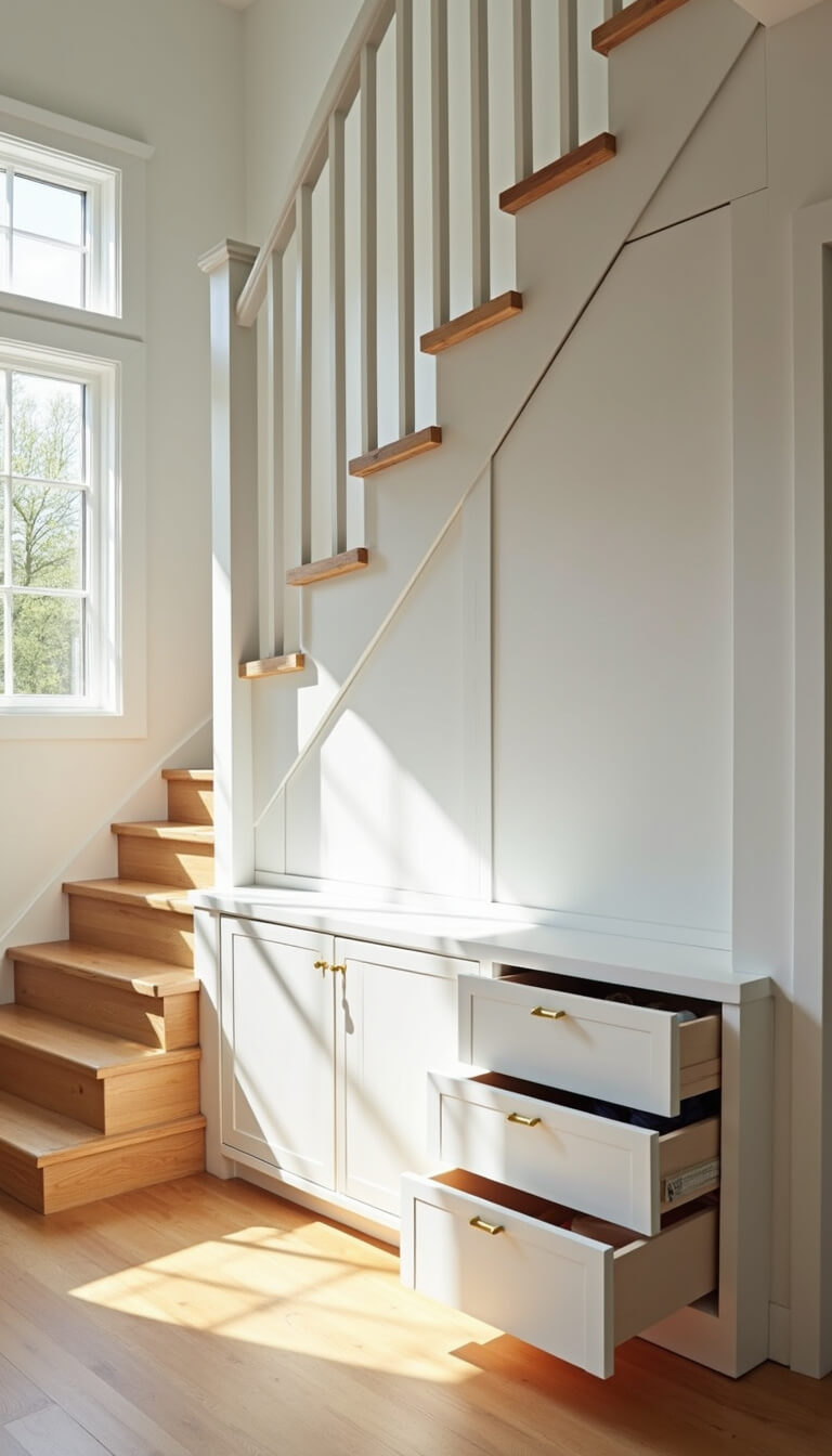 Modern sunlit entryway with custom white under-stair storage drawers, natural oak staircase, and organized shoe display.