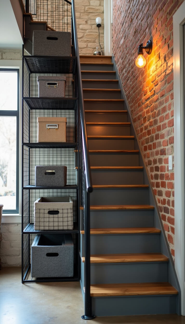 Budget-friendly staircase with matte black wire baskets and grey-beige storage boxes on concrete floor, against exposed brick wall with warm Edison bulb lighting.