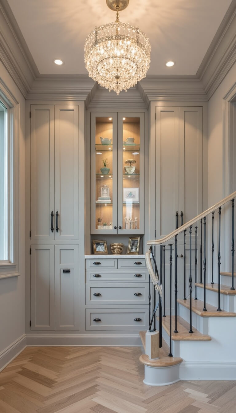 Luxury custom staircase storage with dove grey floor-to-ceiling cabinetry, crystal chandelier, white oak herringbone flooring, and glass-front display cabinets with interior lighting.