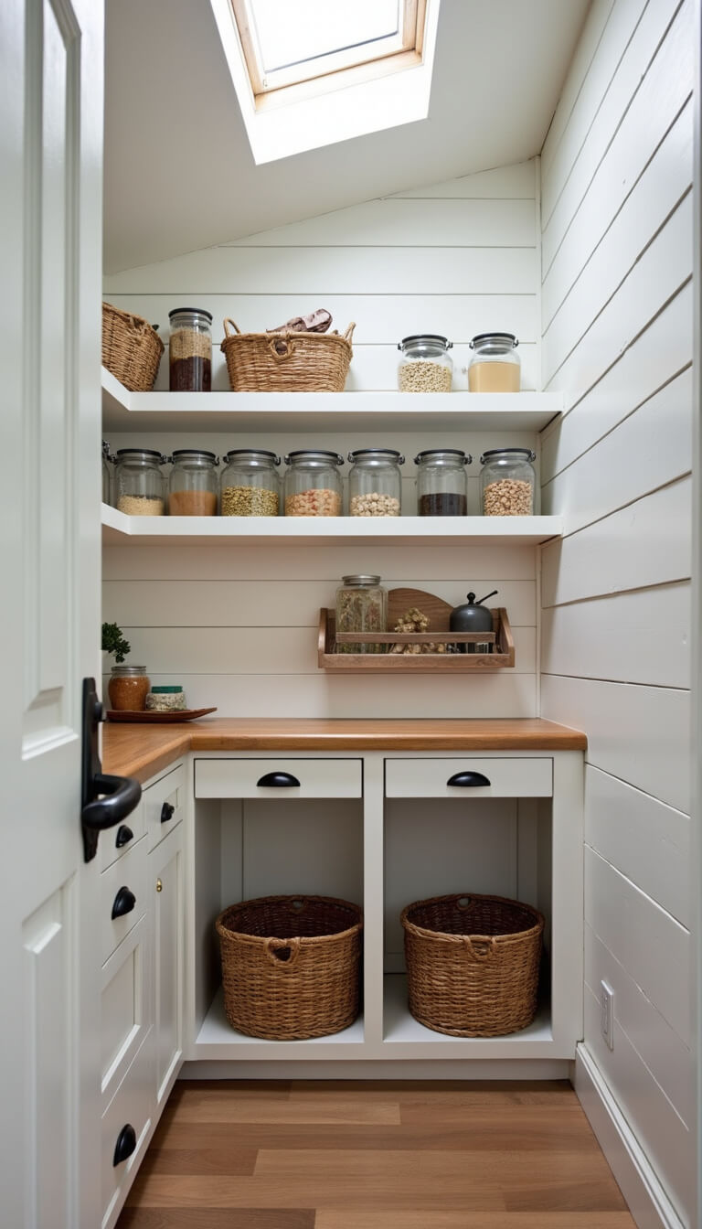 Modern farmhouse under-stair pantry with white shiplap walls, black metal handles, clear storage containers, woven baskets with vegetables, butcher block counter, and vintage kitchen accessories.