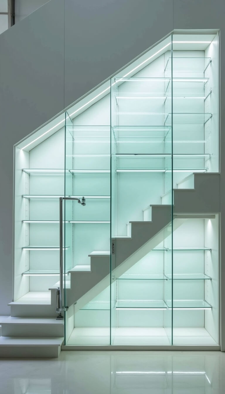 Glass-front display storage under floating staircase with LED-lit compartments, minimalist white interior, floating glass shelves, and chrome accents, captured from dramatic upward angle at evening.