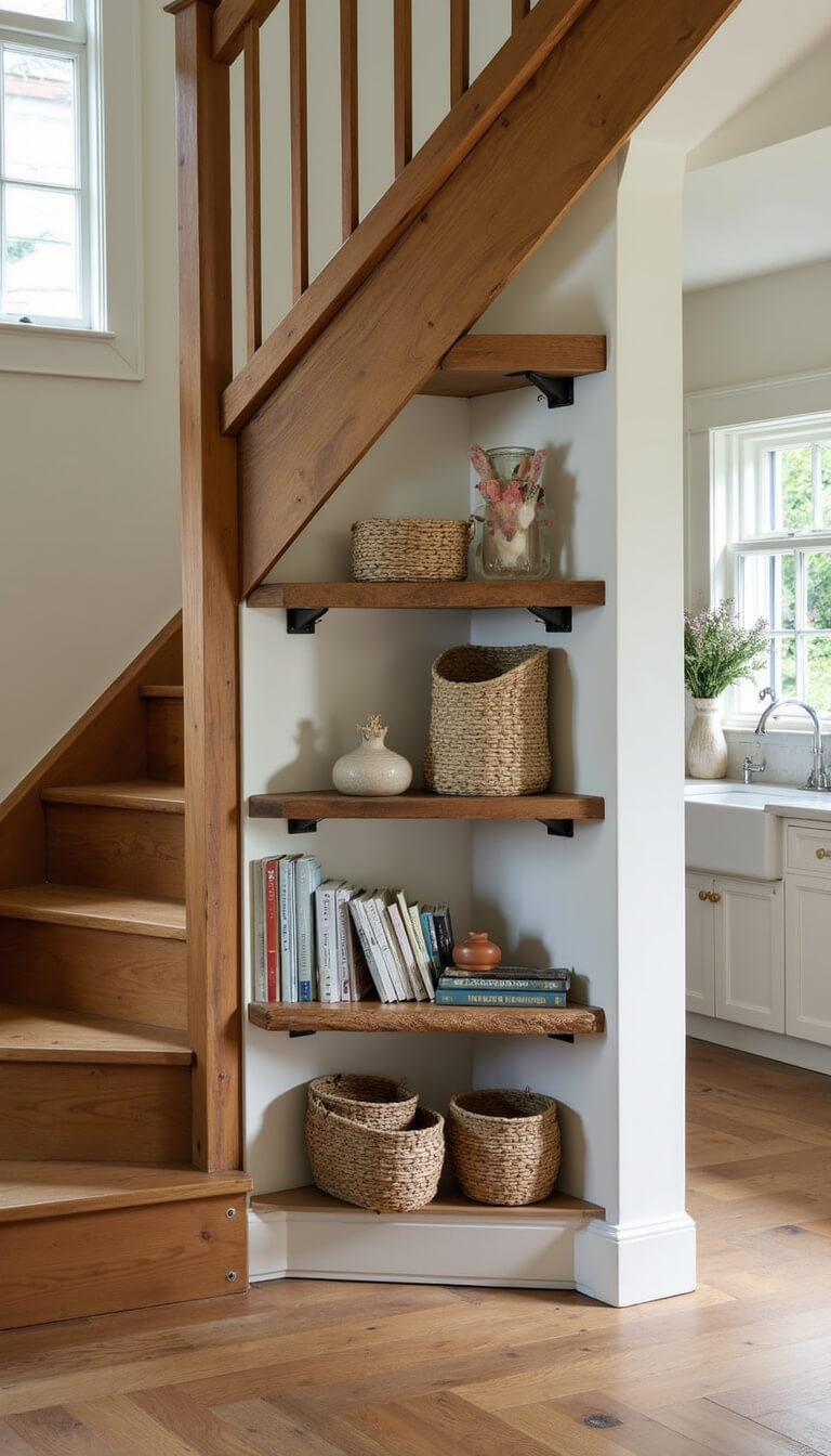 Rustic cottage staircase with natural wood finish, featuring open shelving with woven baskets, vintage books, and dried herbs in soft morning light.