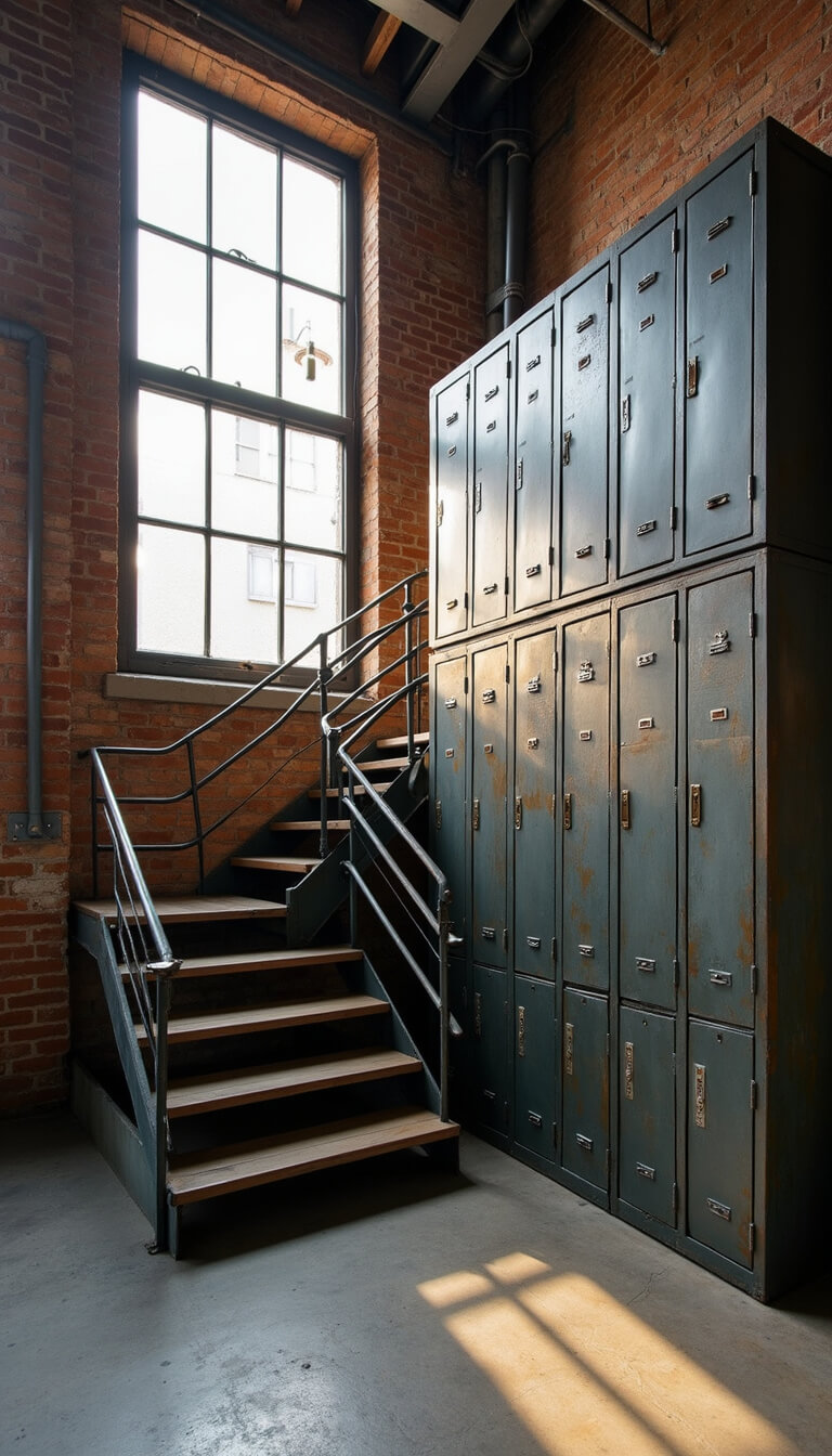 Urban loft staircase with industrial metal lockers, exposed ductwork, and factory windows casting late afternoon light on concrete floors and brick walls.