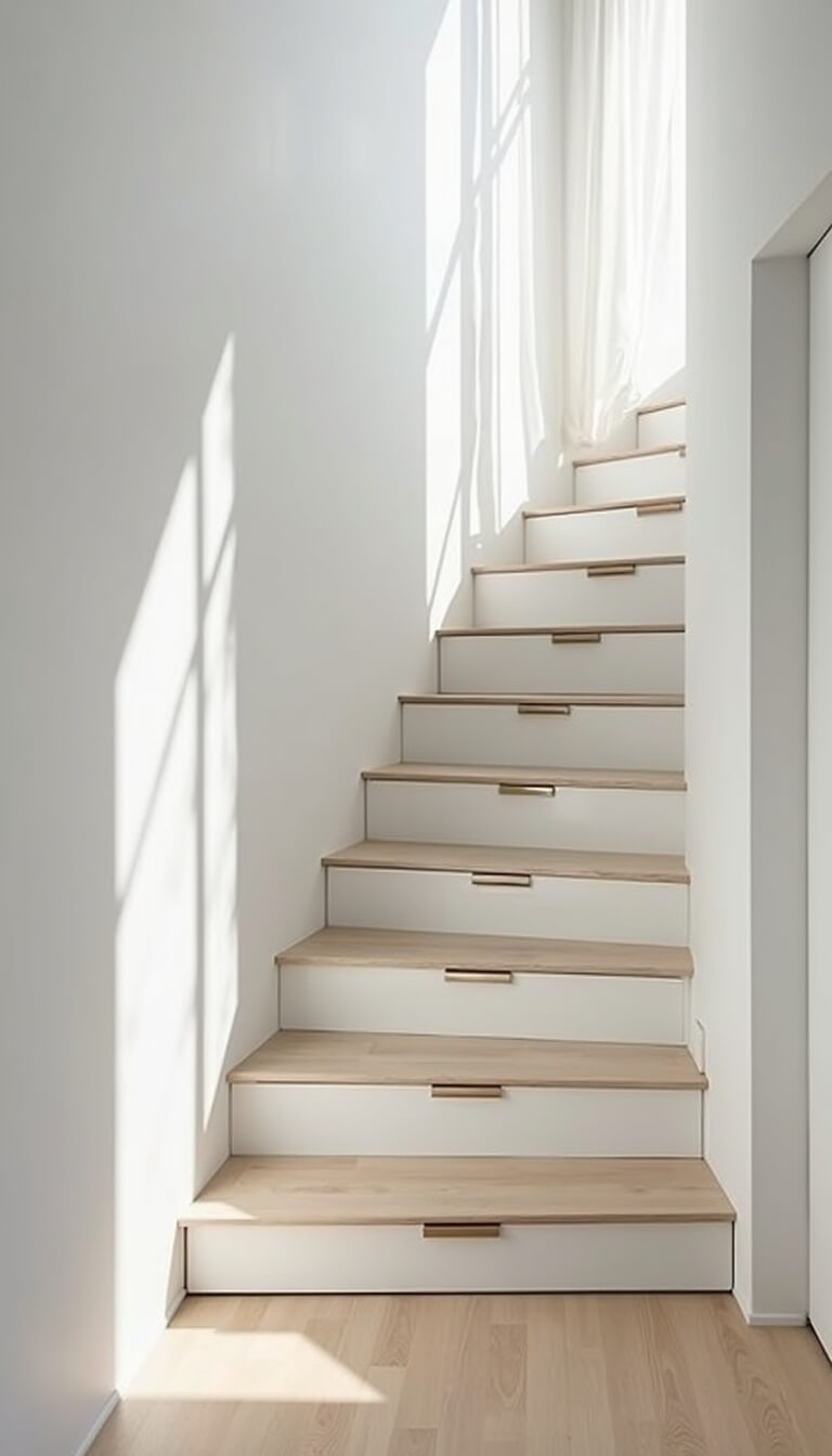 Scandinavian minimalist white stair storage with hidden touch-latch doors, pale wood floors, and diffused natural light through sheer curtains.