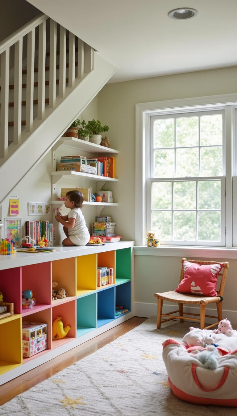Colorful under-stair playroom storage with rounded cubbies, clear bins of toys, and books, viewed from a child's eye level in cheerful morning light.
