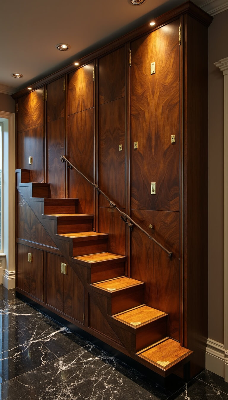 Art Deco staircase storage unit in dark walnut with brass accents, fan-patterned cabinet fronts with gold inlay, black marble flooring, and evening accent lighting highlighting geometric metallic details.