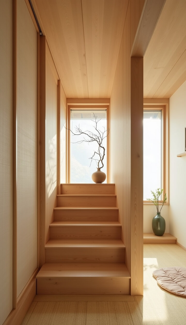 Minimalist Japanese stair storage with light maple wood, shoji screens, bamboo accents, and tatami flooring in soft morning light.