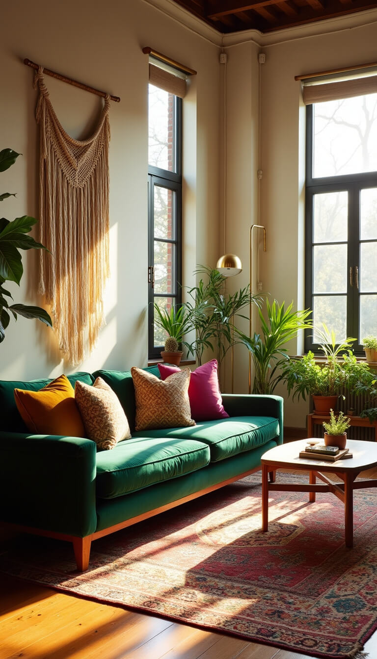 Sunlit living room with emerald velvet sofa, colorful cushions, vintage Moroccan rug over jute, macramé wall hanging, brass lamps, and lush trailing plants, viewed from a low angle in golden hour light.