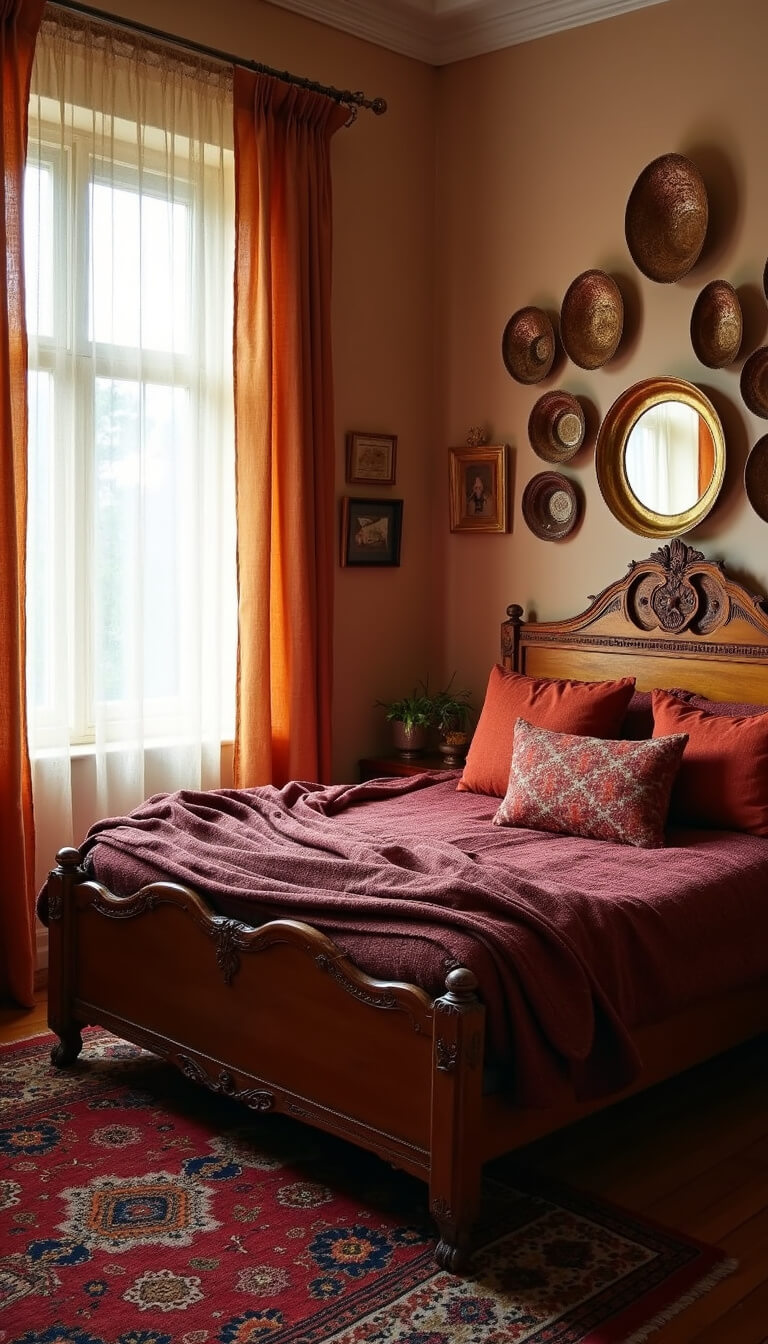 Cozy bedroom corner with carved wooden bed, rich burgundy and ochre textiles, vintage brass mirrors, woven wall baskets, and layered Persian and kilim rugs in soft morning light.