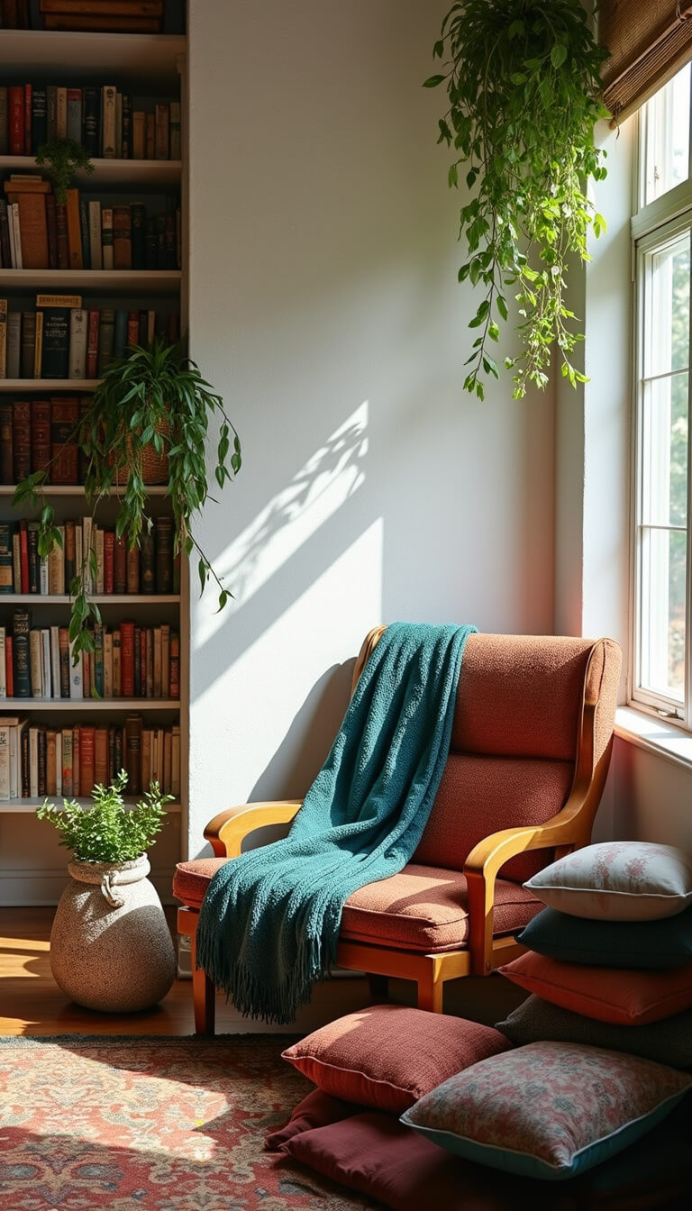Cozy reading nook with oversized peacock chair, layered throw, vintage cushions, surrounded by tall bookshelves and hanging plants in soft afternoon light.
