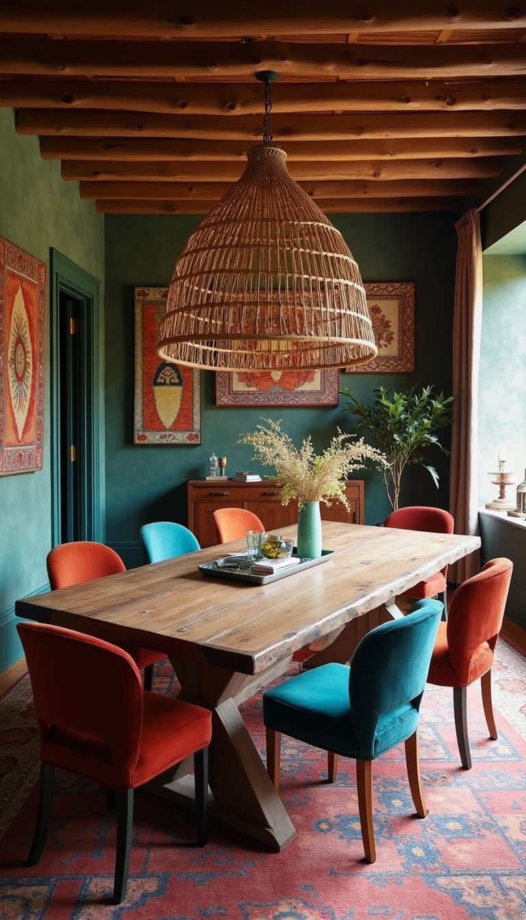 Bohemian dining room with 14ft exposed beam ceiling, reclaimed wood table, mismatched velvet chairs, rattan pendant light, and colorful tribal textiles.